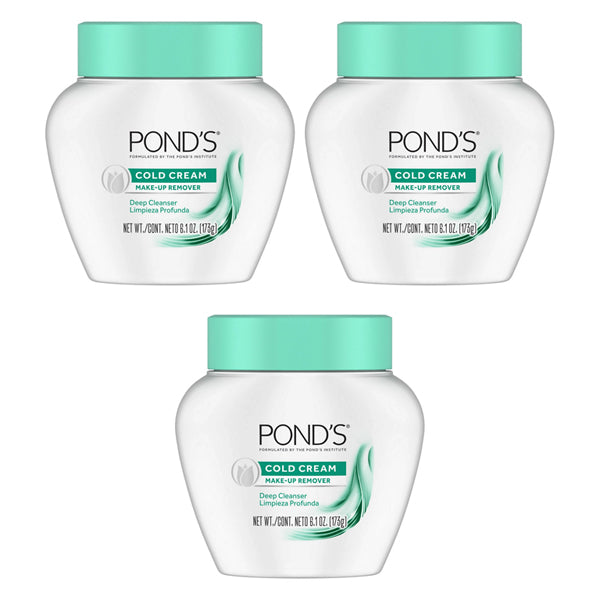 Three jars of PONDS Cold Cream Cleanser & Make-Up Remover, each 6.1 oz, are arranged in a triangular formation—ideal for effective makeup removal and deep cleansing.